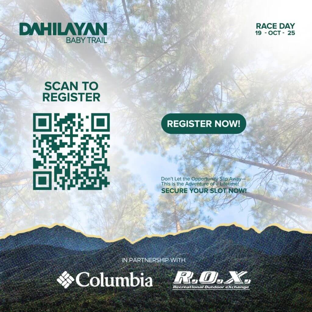 view of tall pine trees, qr code for dahilayan baby trail race, event details, and bukidnon partner logos below.
