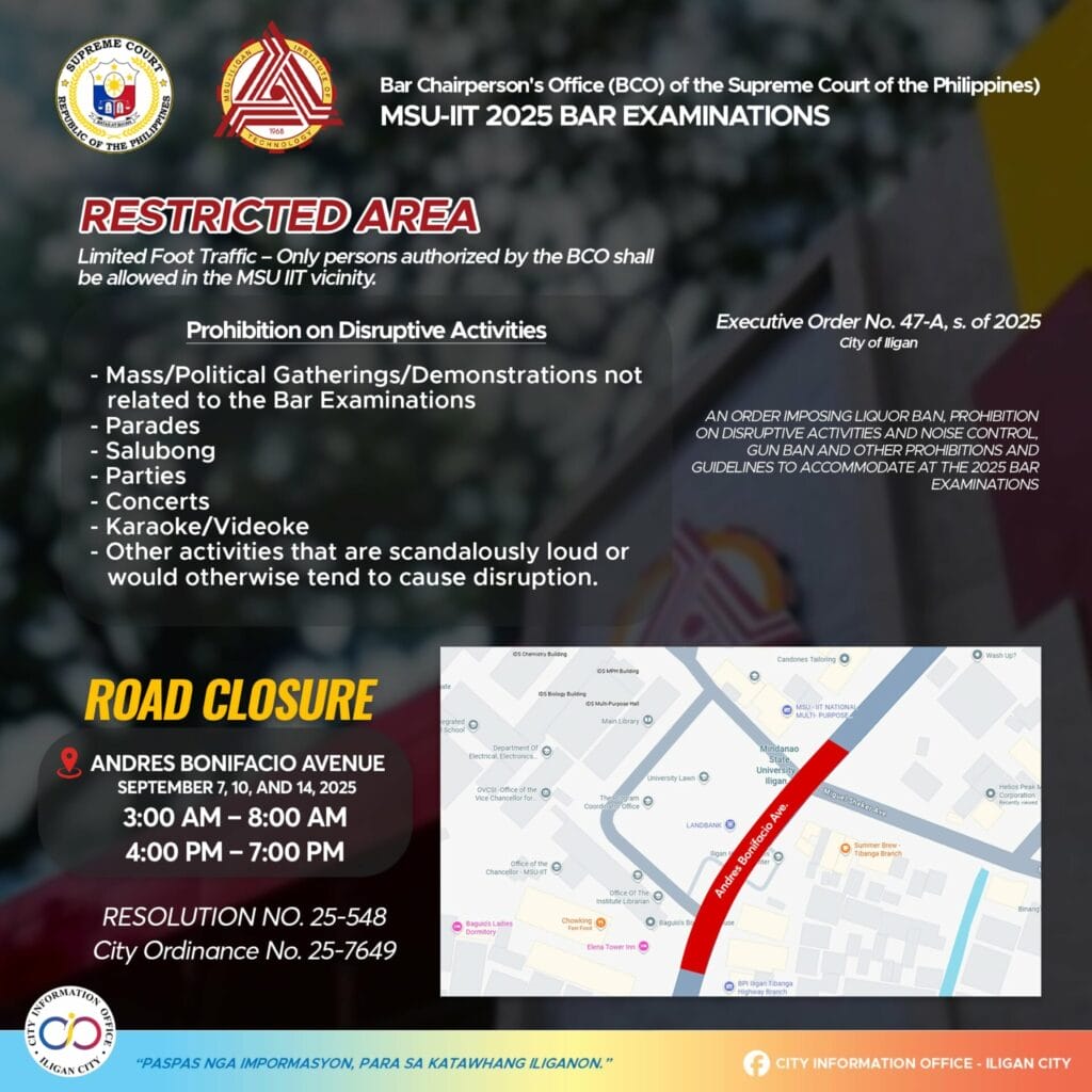 infographic on 2025 bar exams at msu iit: restricted areas, prohibited activities, and iligan road closures.