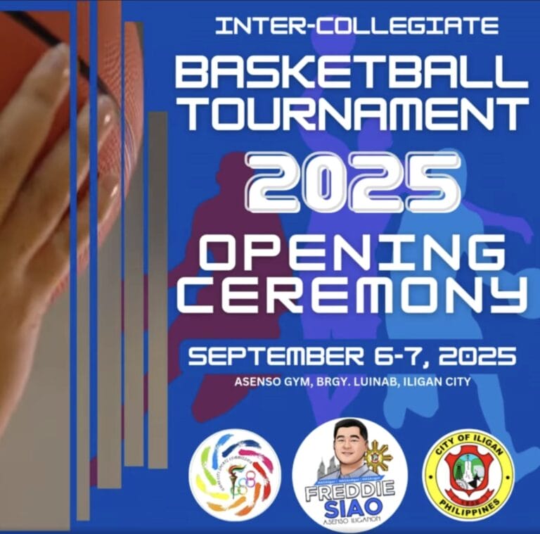 poster for the 2025 inter collegiate basketball tournament opening ceremony at asenso gym, iligan city, sept 6–7.