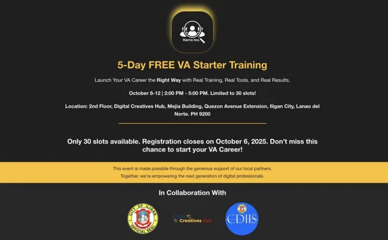 black and yellow ad for a 5 day free va starter training, with date, location, and registration information.
