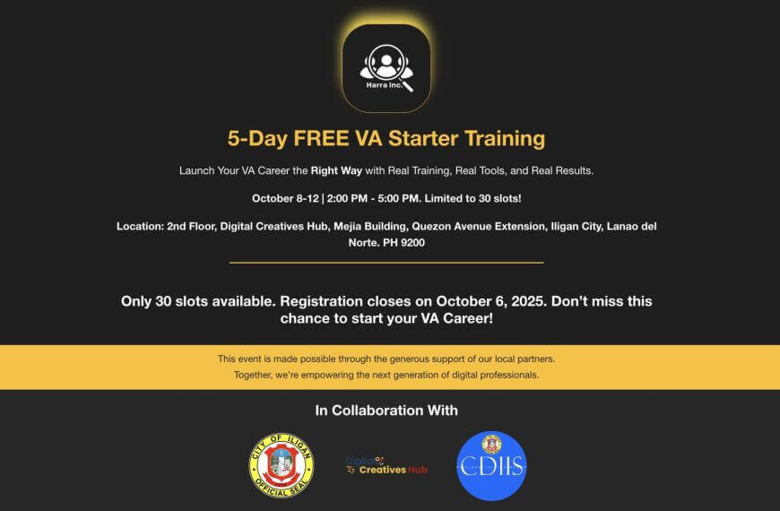 black and yellow ad for a 5 day free va starter training, with date, location, and registration information.