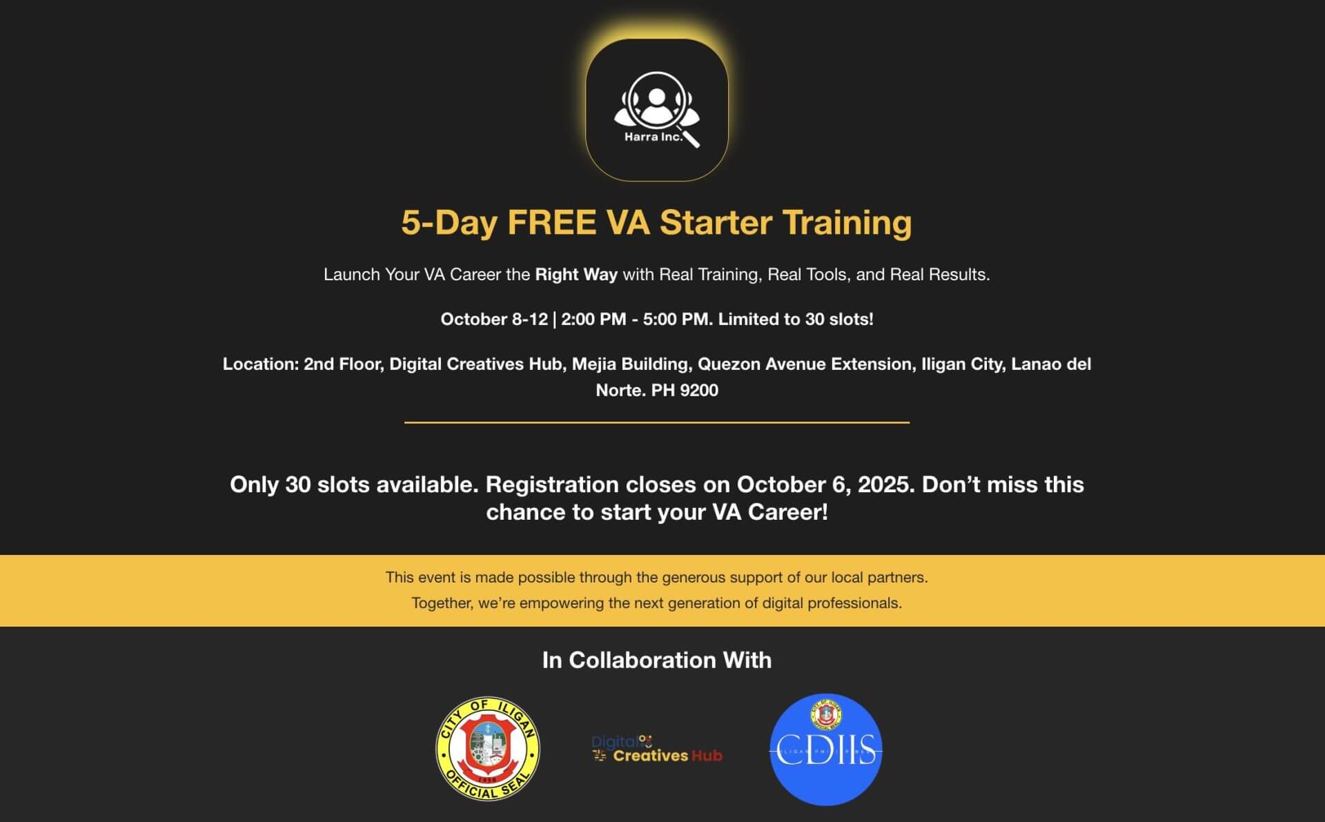 black and yellow ad for a 5 day free va starter training, with date, location, and registration information.