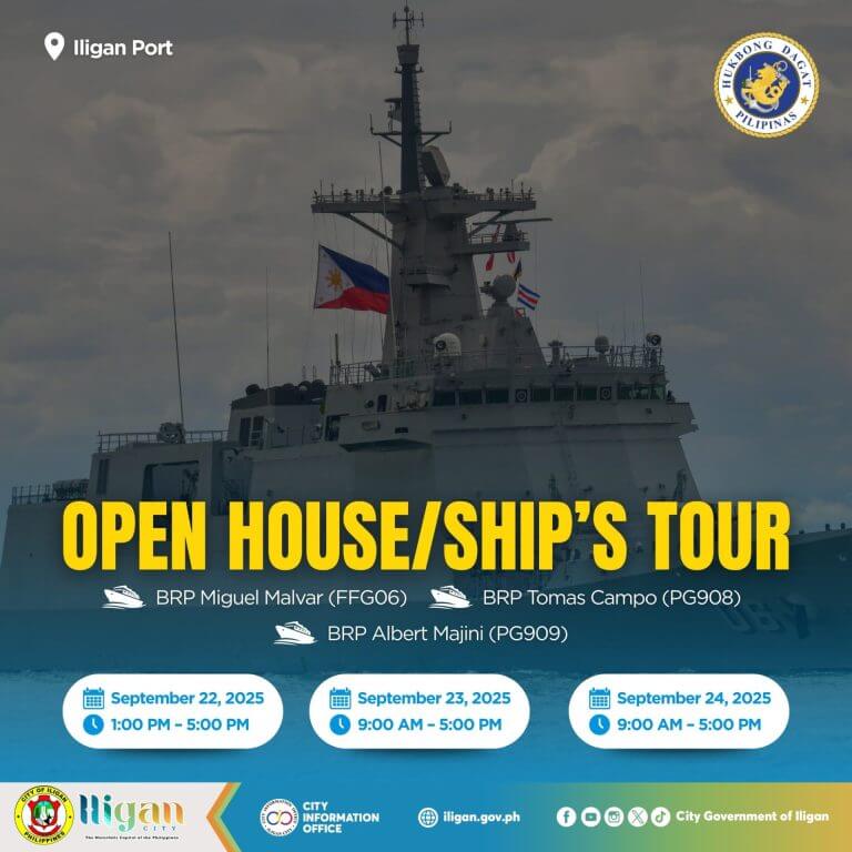 a navy ship with philippine flags invites you to tours at iligan port for the diyandi festival 2025.