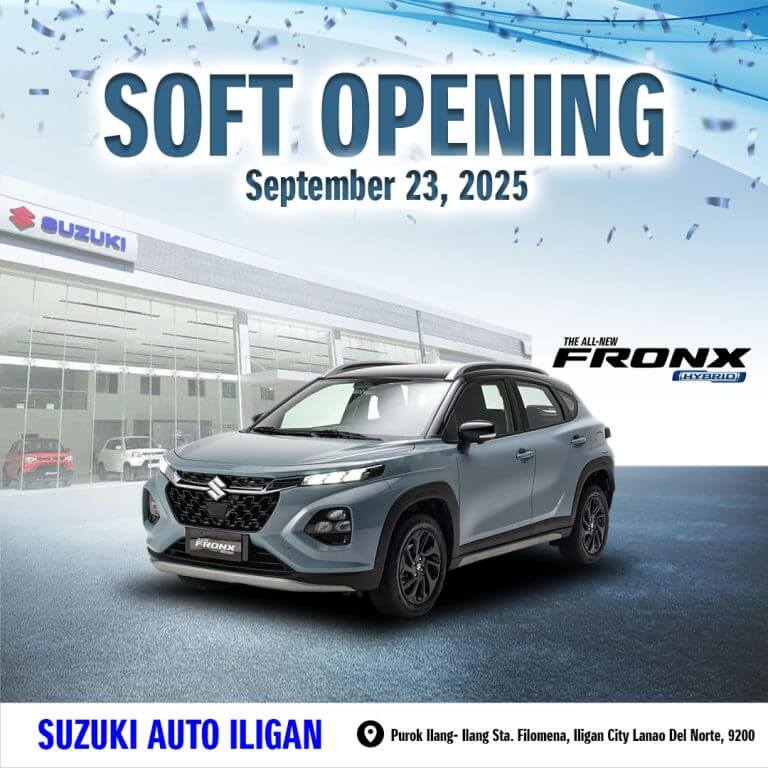 a silver suzuki fronx is parked at suzuki auto iligan, with soft opening september 23, 2025 above.