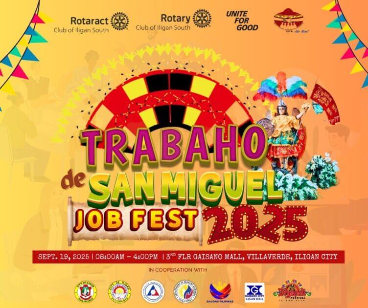 colorful fiesta job fair poster with dancers and bold “trabaho de san miguel job fest 2025” text in iligan.