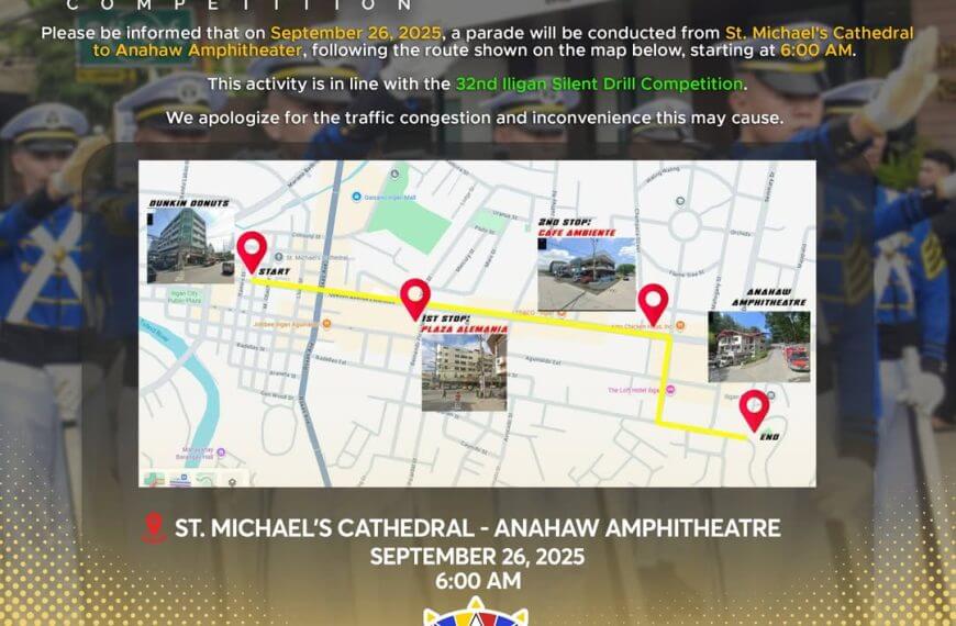 traffic advisory: parade 2025 route map for the iligan silent drill competition, with road closures on sept 26, 6:00 am.