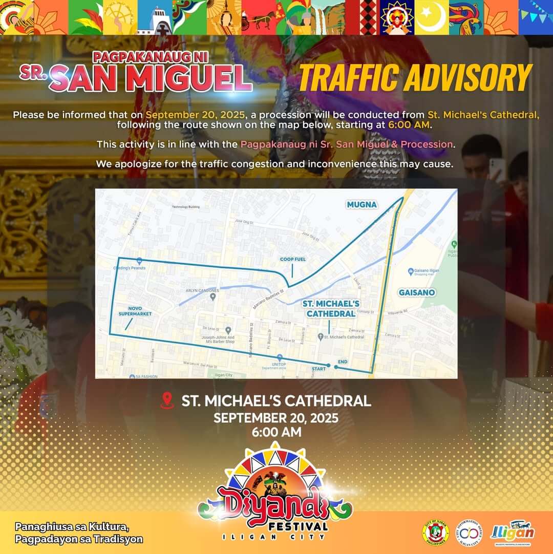 traffic advisory: colorful map for the pagpakanaug procession on sept 20, 2025 in iligan city from st. michael’s cathedral.