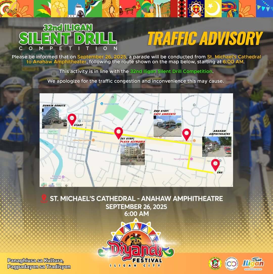 traffic advisory: parade 2025 route map for the iligan silent drill competition, with road closures on sept 26, 6:00 am.