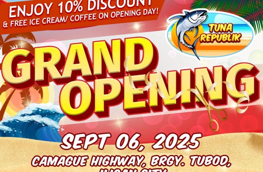 colorful grand opening poster for tuna republik with date, location, and discount details, beach themed background.