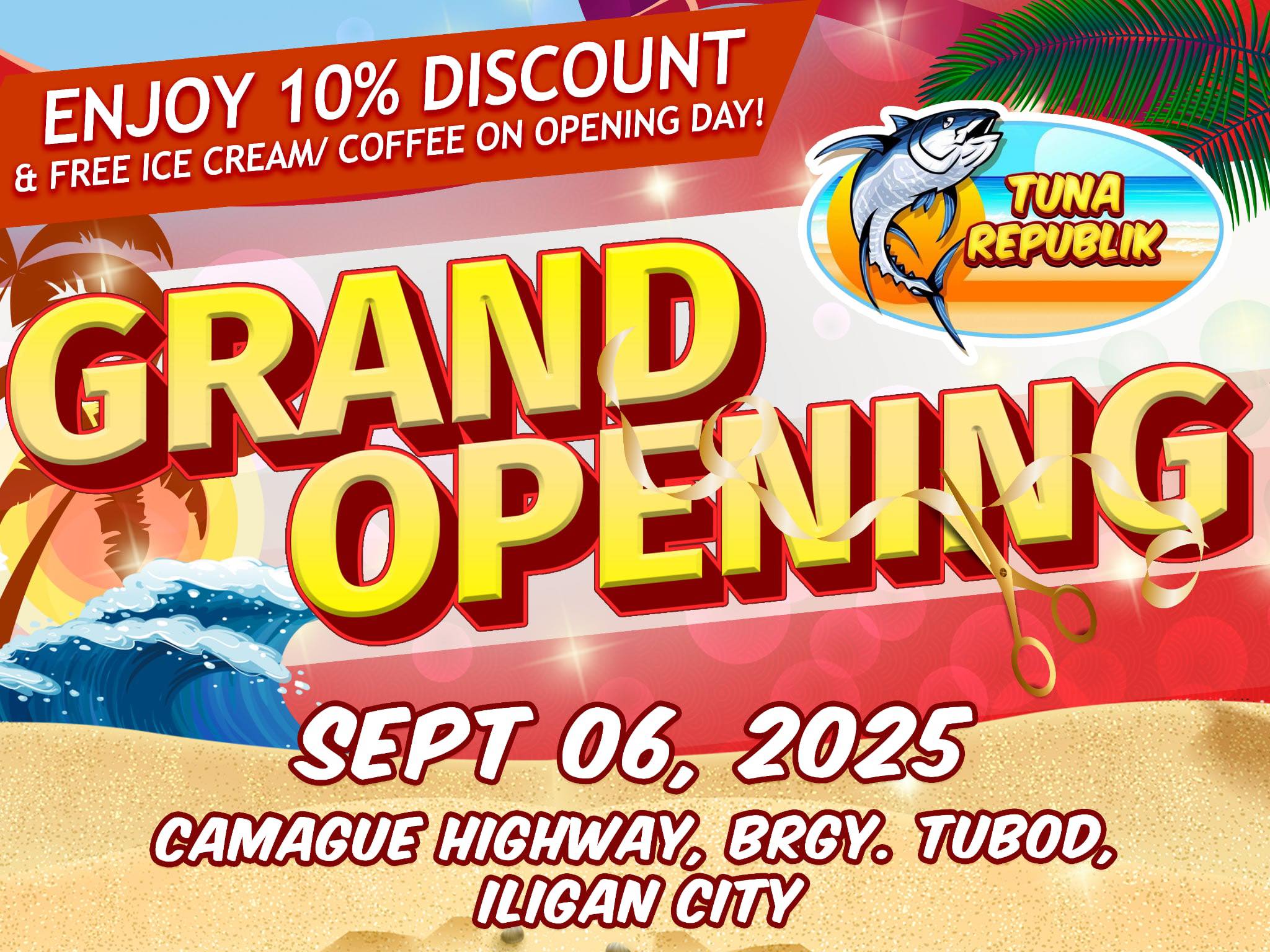 colorful grand opening poster for tuna republik with date, location, and discount details, beach themed background.