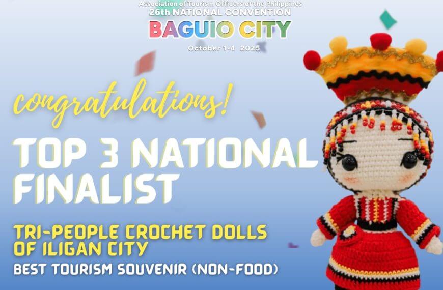 colorful crochet doll in traditional attire with text about iligan citys top 3 tourism souvenir award.