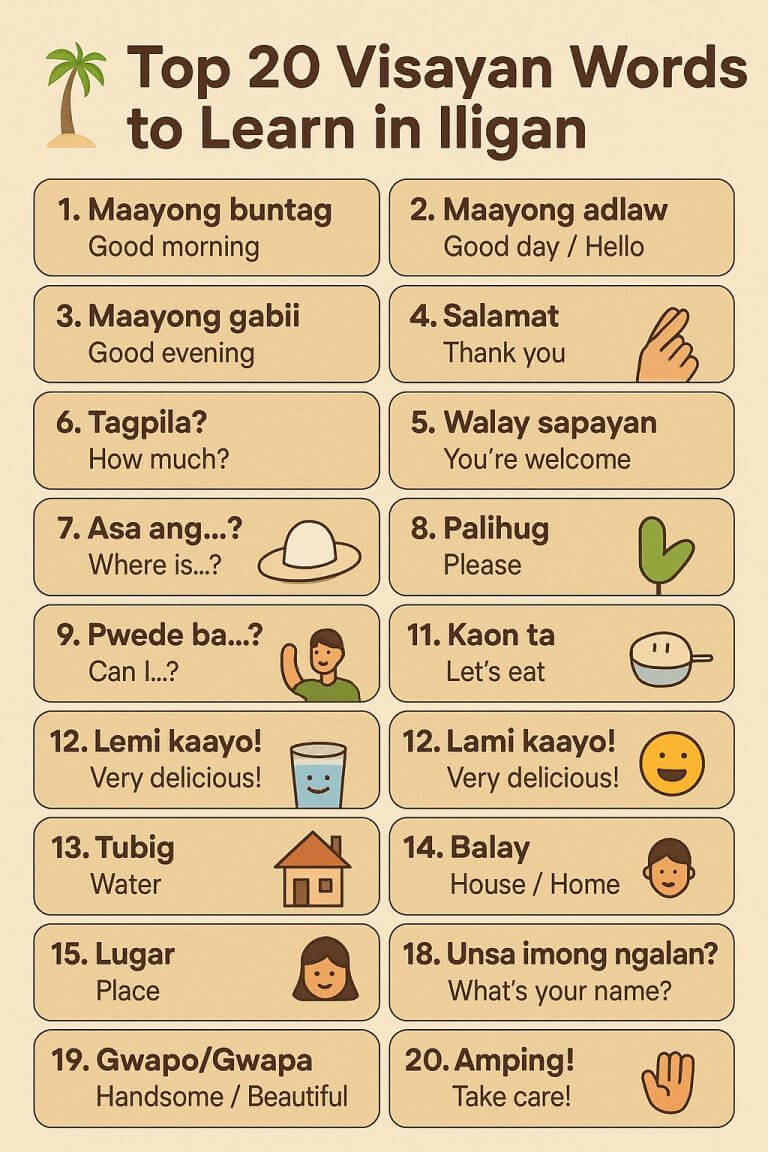 infographic for travelers: 20 bisaya words with english translations, icons, and a palm tree at the top.