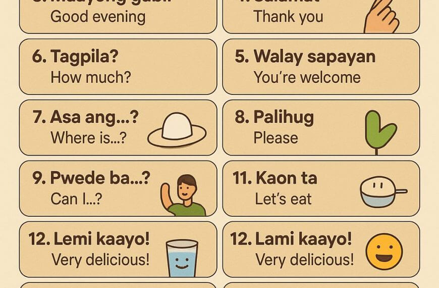 infographic for travelers: 20 bisaya words with english translations, icons, and a palm tree at the top.