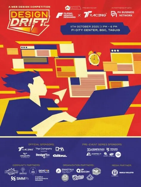 stylized illustration of a person at a desk with a computer, books, and a clock, event details above.