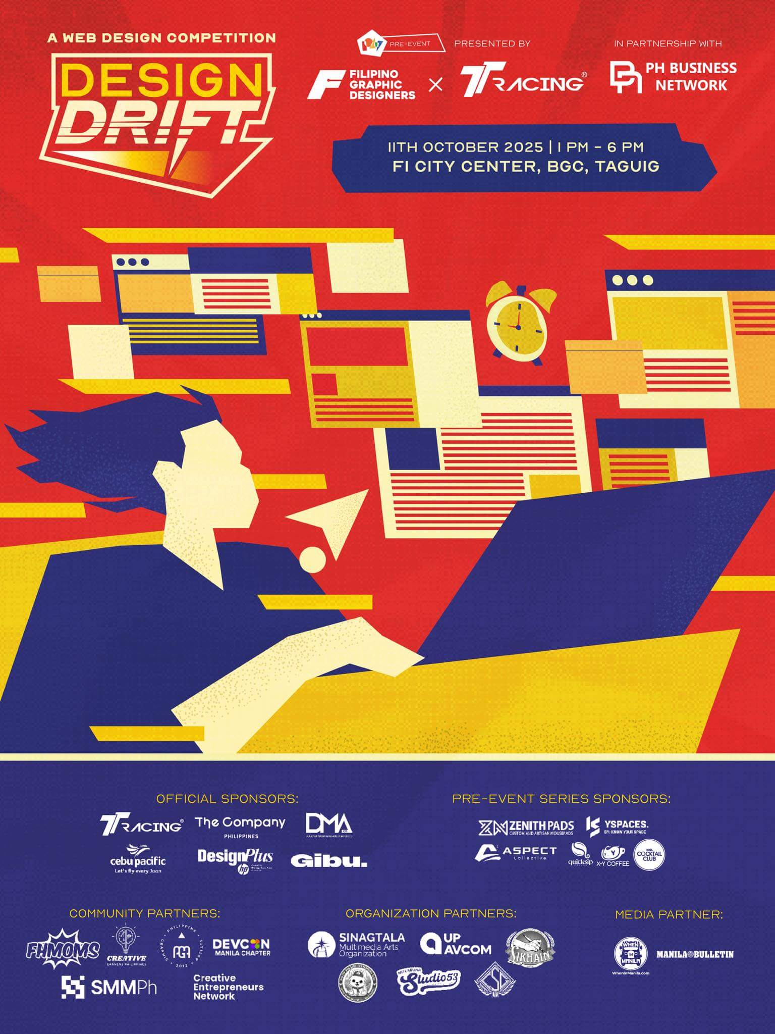 stylized illustration of a person at a desk with a computer, books, and a clock, event details above.