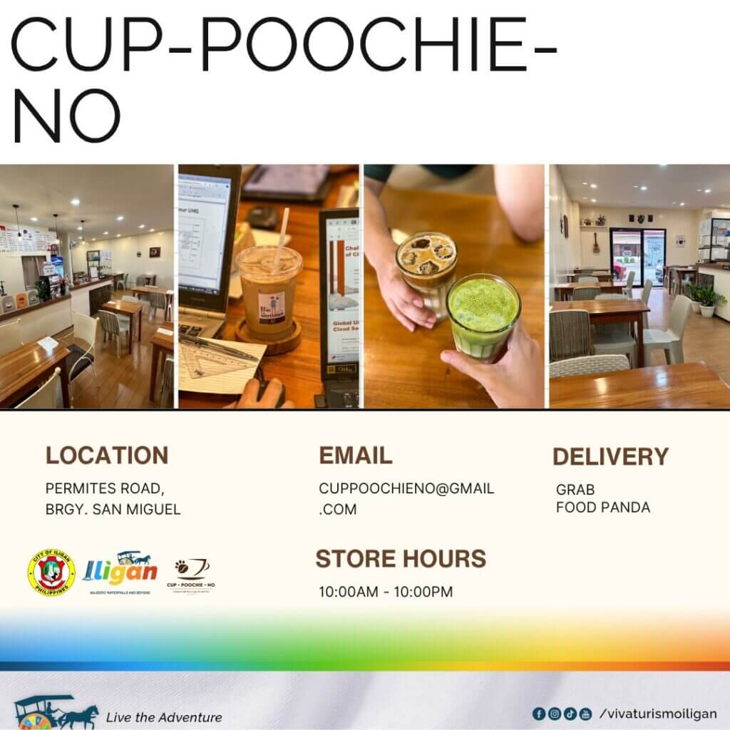 collage of a caf&eacute; interior, drinks, tables, and contact info for one of iligan city&rsquo;s favorite coffee shops.
