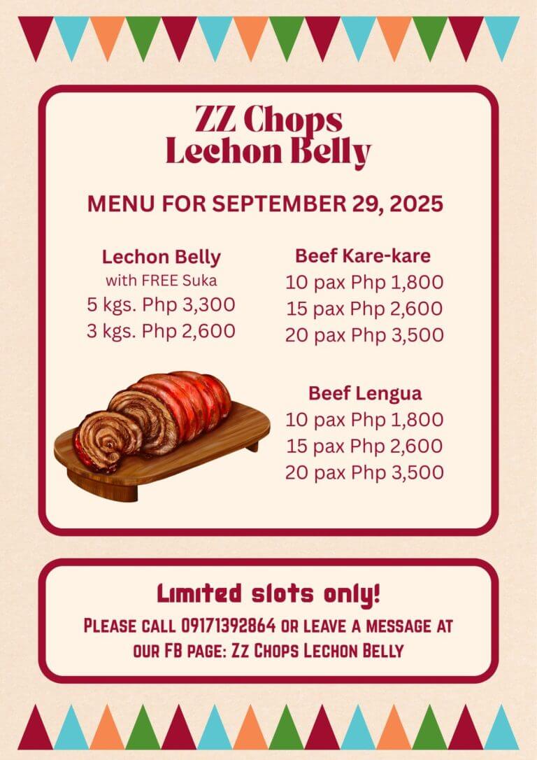 festive flyer for zz chops lechon belly menu with prices, lechon belly orders info, and a sliced lechon image.