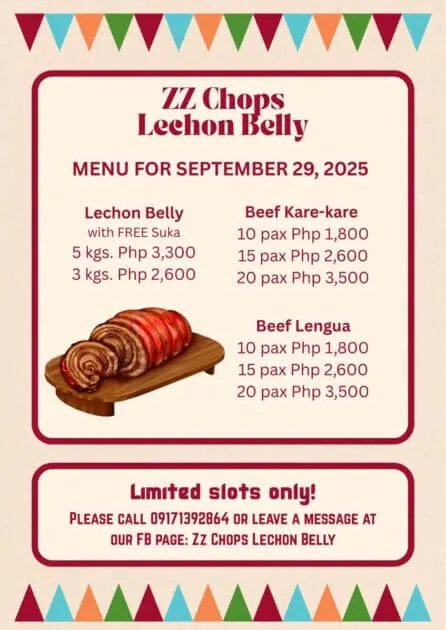 festive flyer for zz chops lechon belly menu with prices, lechon belly orders info, and a sliced lechon image.