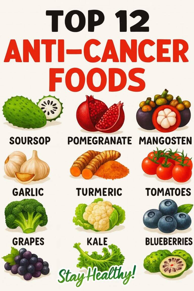 chart of twelve anti cancer foods for healthy eating, including soursop, pomegranate, and kale with colorful illustrations.