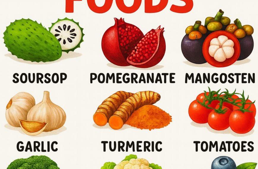 chart of twelve anti cancer foods for healthy eating, including soursop, pomegranate, and kale with colorful illustrations.