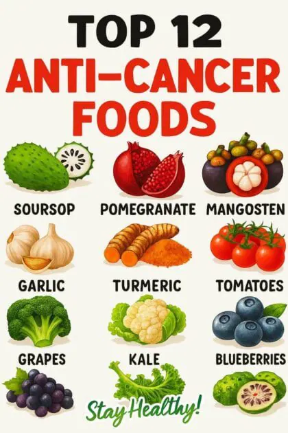 chart of twelve anti cancer foods for healthy eating, including soursop, pomegranate, and kale with colorful illustrations.