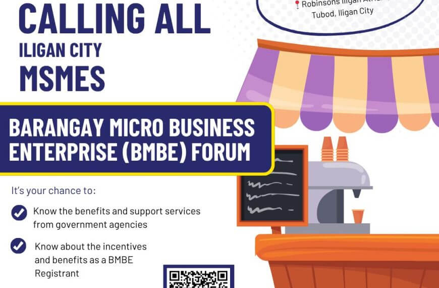 event poster for the 2025 bmbe forum in iligan city, featuring iligan entrepreneurs, icons, and a café illustration.