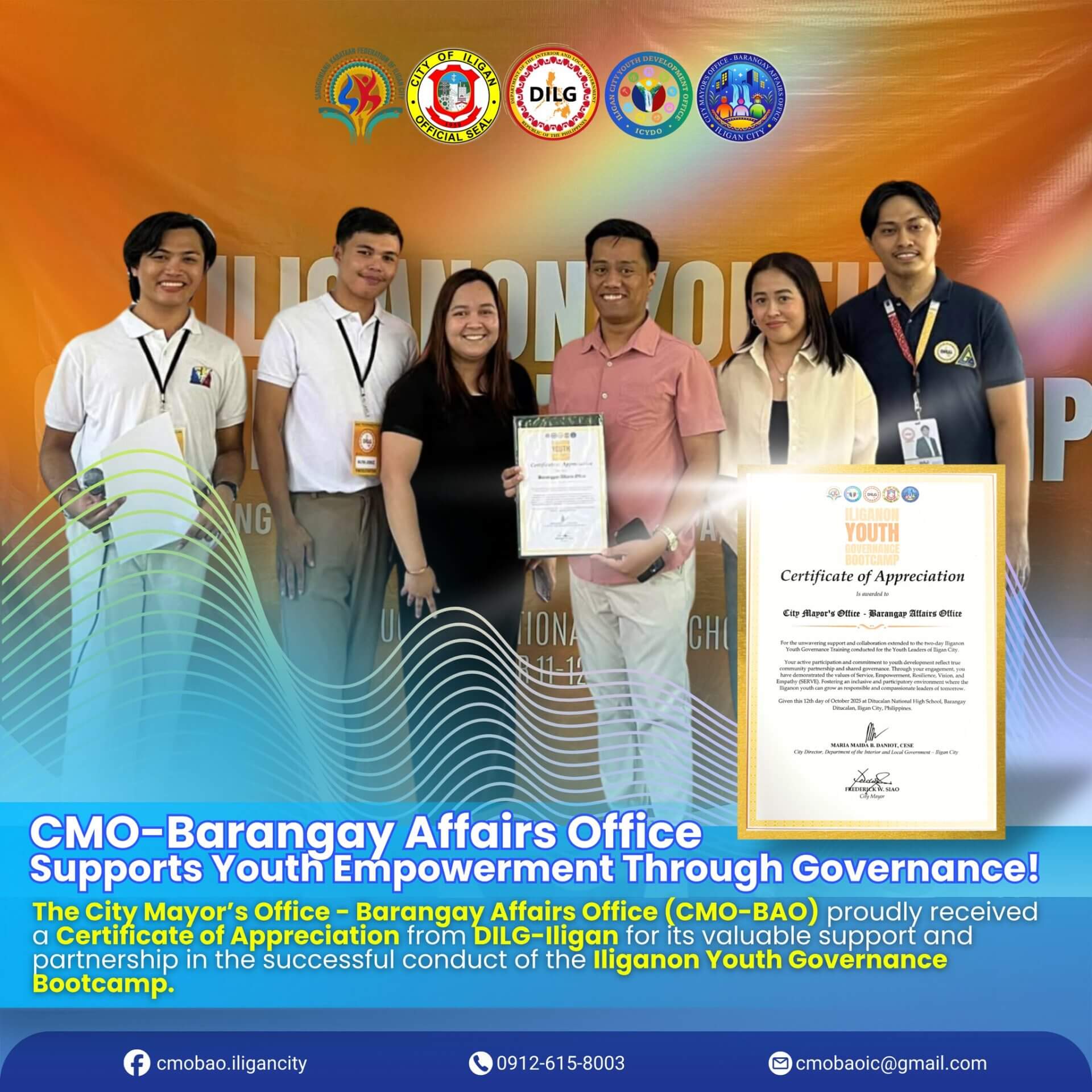 six people stand smiling with a certificate; text praises youth empowerment and iligan youth governance bootcamp.