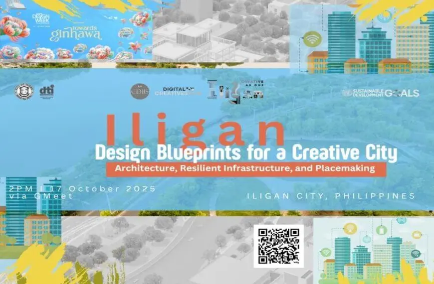 colorful event poster for “iligan: design blueprints for a creative city” with cityscape graphics and sustainable logos.