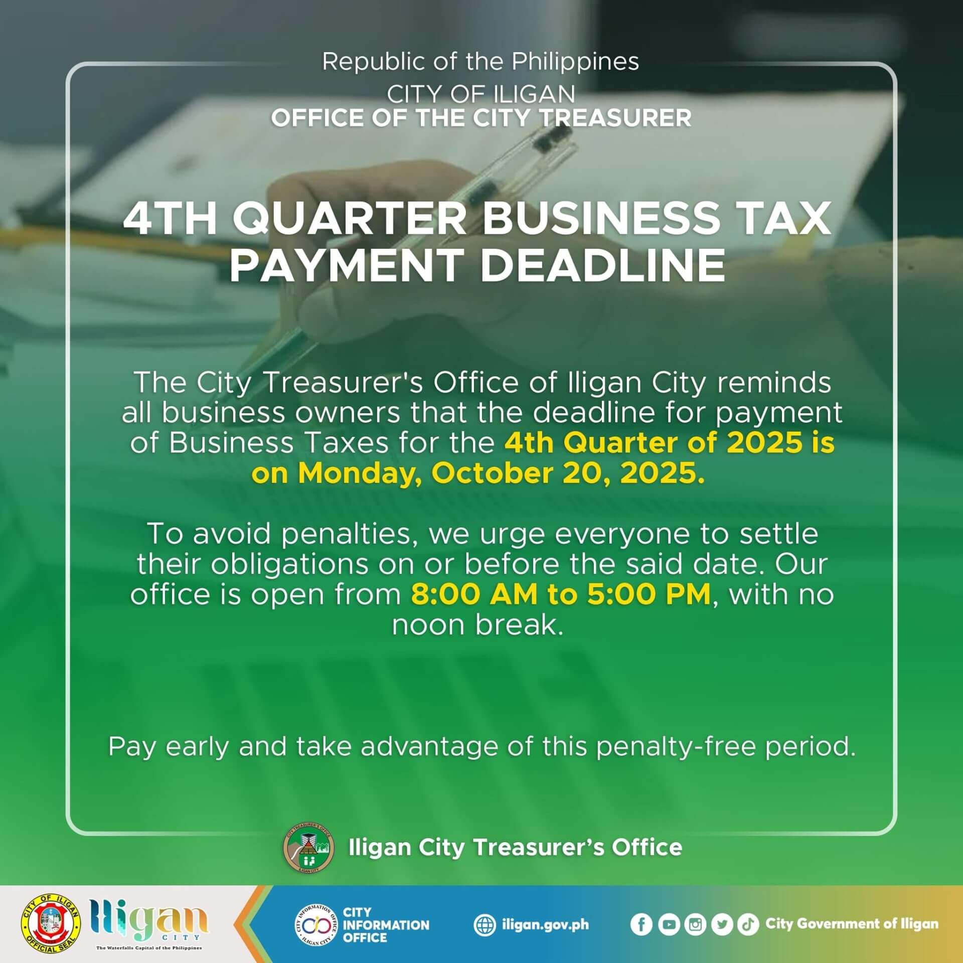 notice: iligan business taxes 4th quarter deadline is oct 20, 2025; office open 8 am–5 pm.