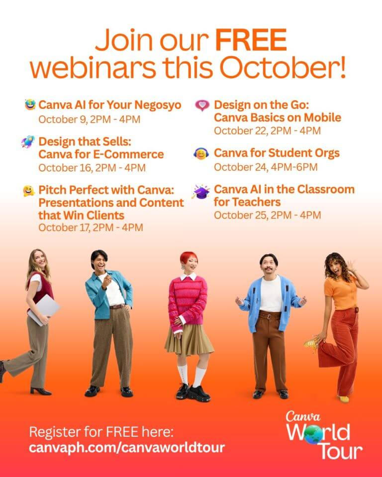 a diverse group of five people stand smiling below october webinar details on an orange canva world tour poster.