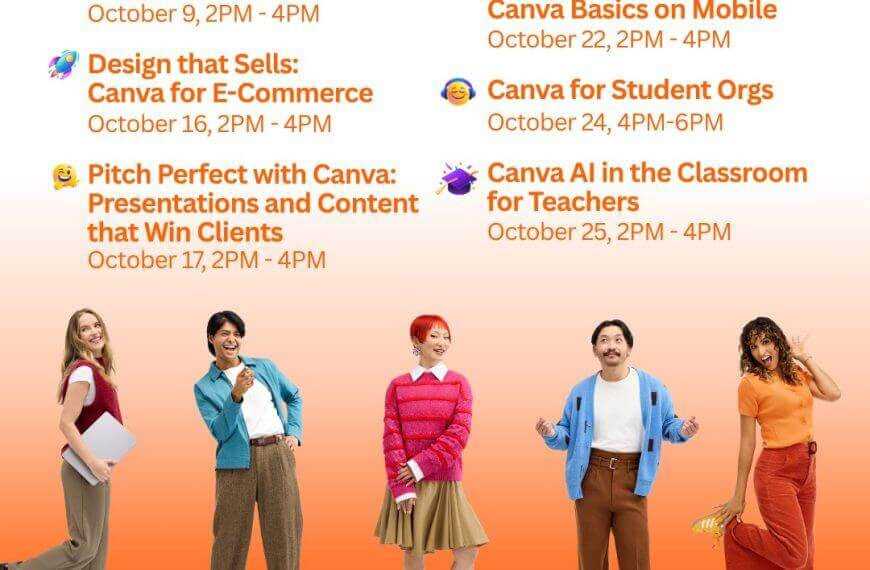 a diverse group of five people stand smiling below october webinar details on an orange canva world tour poster.