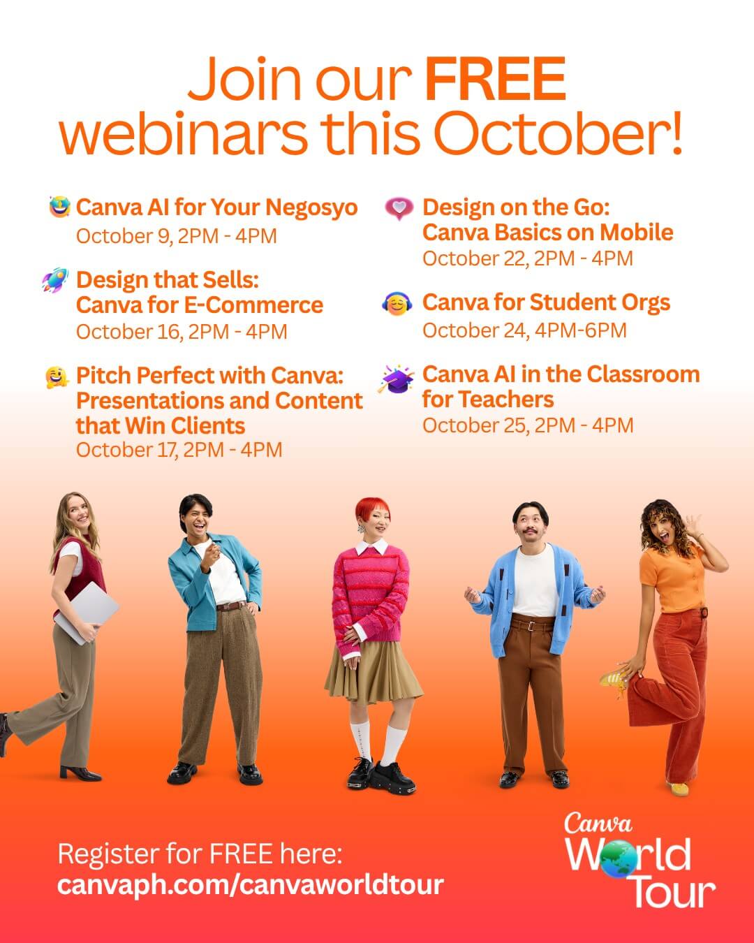 a diverse group of five people stand smiling below october webinar details on an orange canva world tour poster.