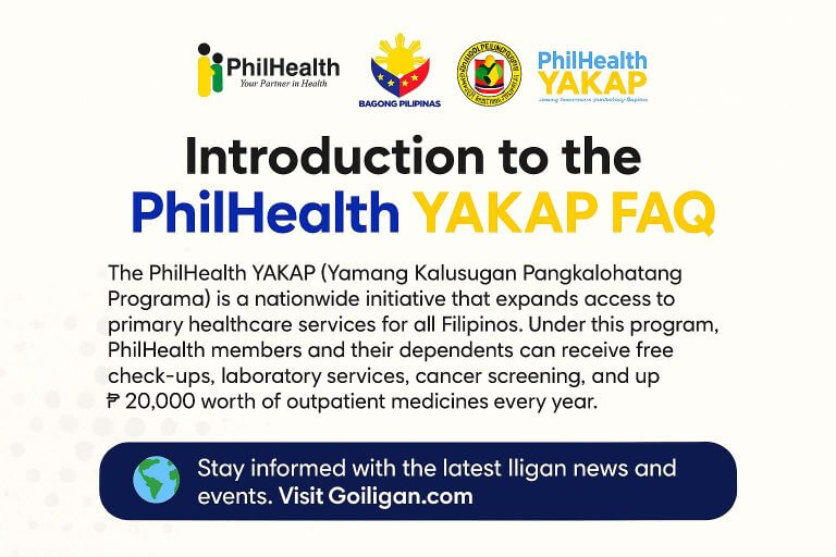 informational flyer about philhealth yakap faq, free check ups, contact info, and logos on a white and yellow background.