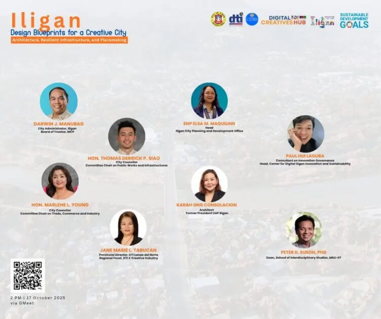 event poster featuring 7 speakers, their titles, and iligan event details over a cityscape—focused on inclusive growth.
