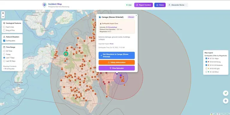 digital ai maps highlight red danger icons and a pop up shows earthquake impact zones in granja downa, orienlia.
