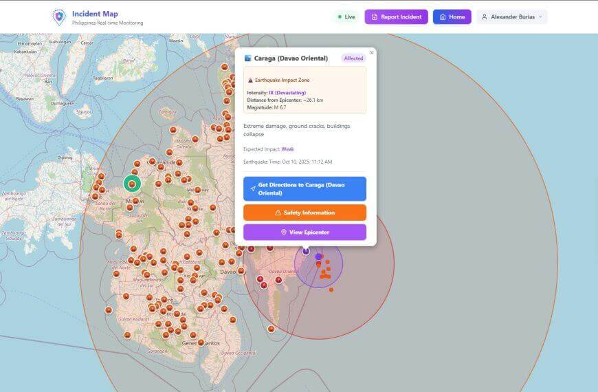 digital ai maps highlight red danger icons and a pop up shows earthquake impact zones in granja downa, orienlia.