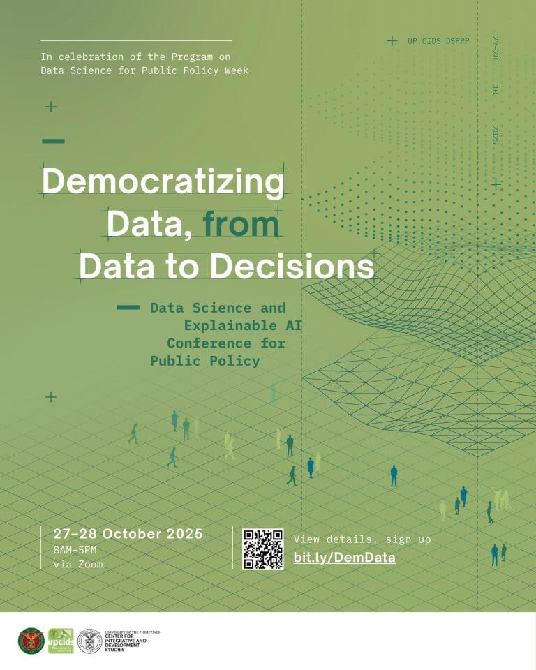 green poster for a virtual ai conference titled democratizing data, from data to decisions, with event details.