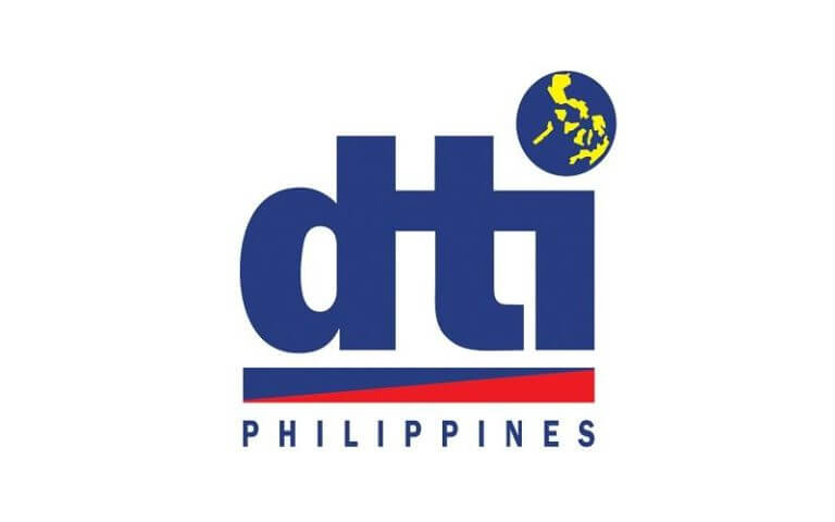 dti philippines logo with blue text, a red stripe, and iligan stores on a yellow map in a blue circle.