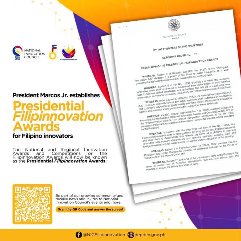 a colorful announcement stating that president marcos jr. establishes the filipinnovation awards.