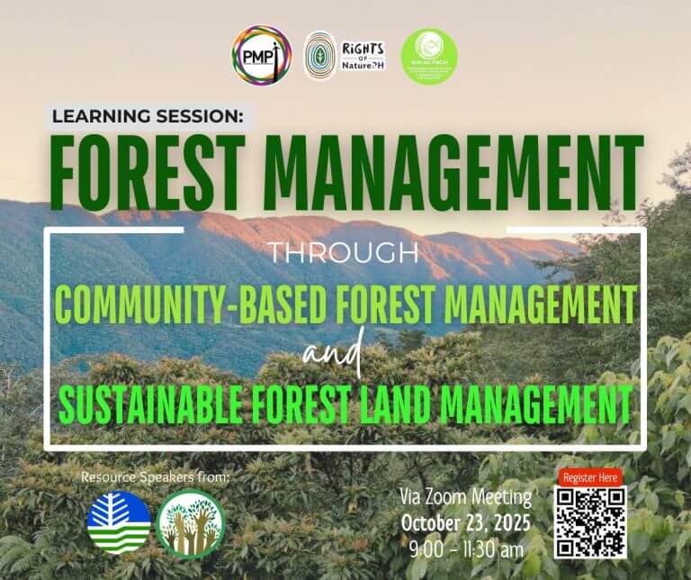 event poster for a forest management webinar with mountains and tree canopy in the background.