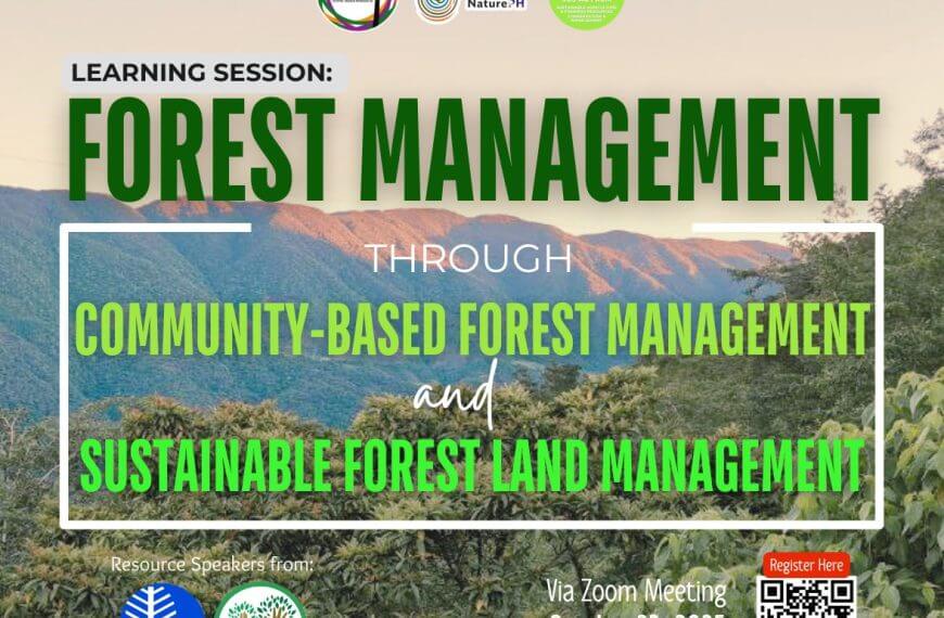 event poster for a forest management webinar with mountains and tree canopy in the background.