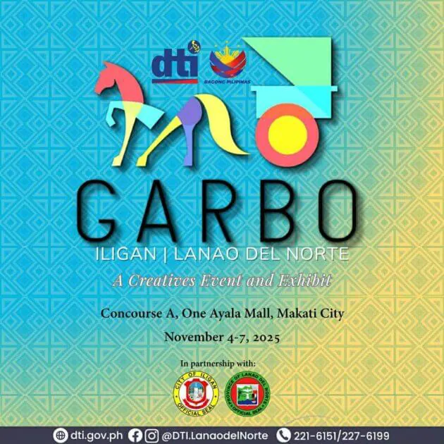 poster for “garbo 2025” event, with iligan’s pride vinta, text details, and logos on a geometric background.