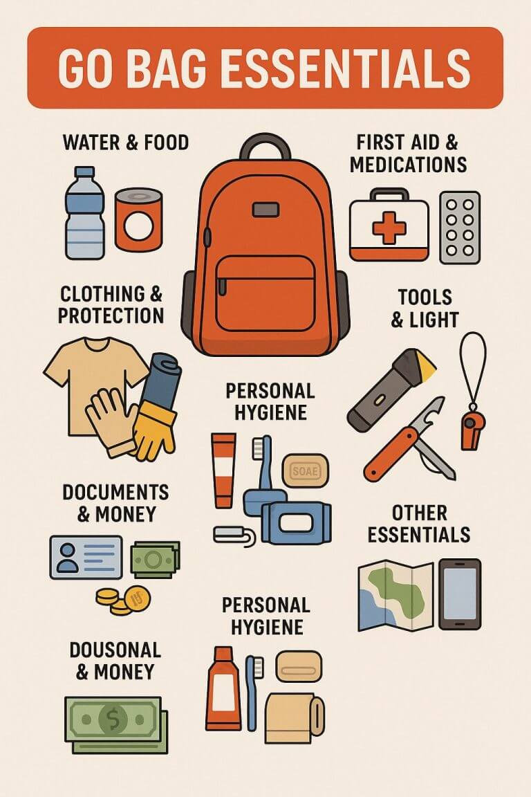 infographic of go bag essentials for emergency readiness: water, food, first aid, tools, clothing, hygiene, and more.