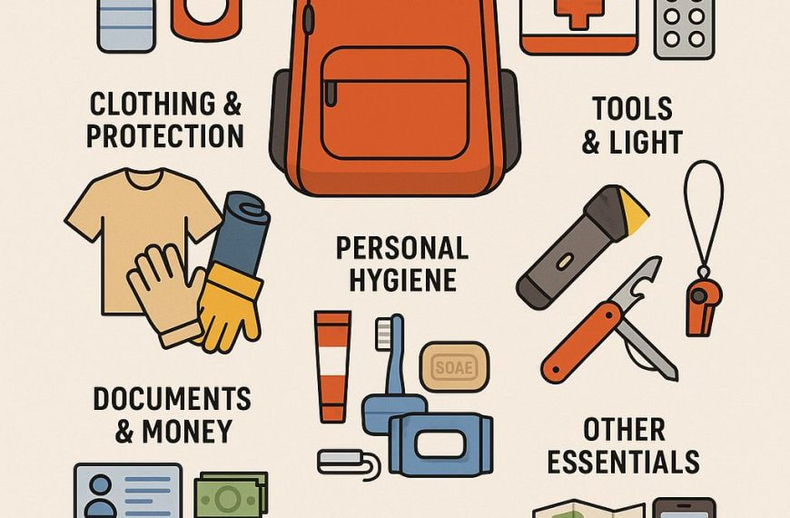 infographic of go bag essentials for emergency readiness: water, food, first aid, tools, clothing, hygiene, and more.