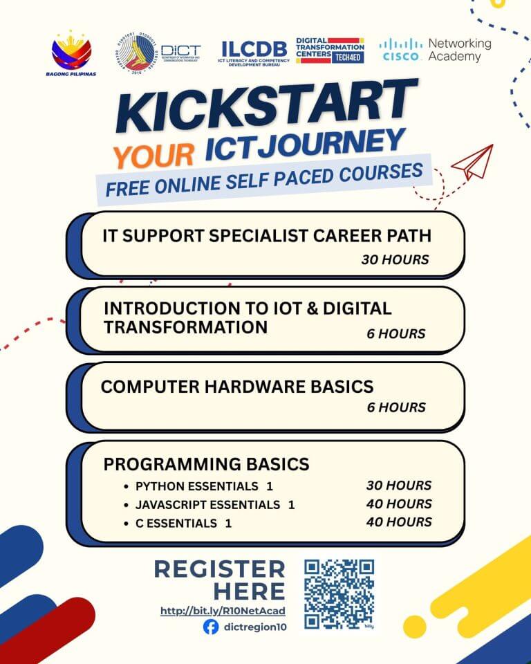 poster listing free online ict courses with hours; includes logos and a register here qr code and link.