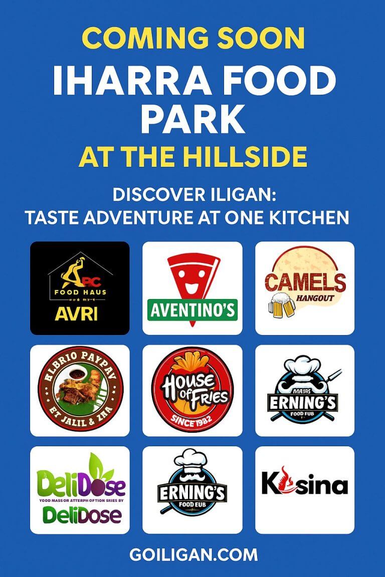 poster for iharra food park in iligan with nine local favorites' logos and “coming soon” on a blue background.