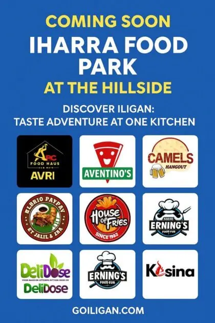 poster for iharra food park in iligan with nine local favorites' logos and “coming soon” on a blue background.