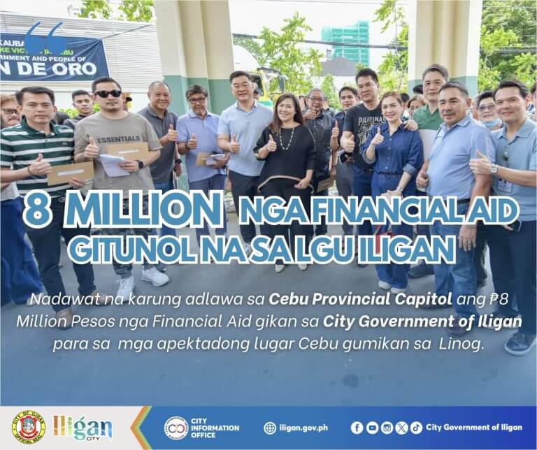 a group holds a ceremonial cheque for 8 million pesos; banner text announces financial aid from iligan to cebu.