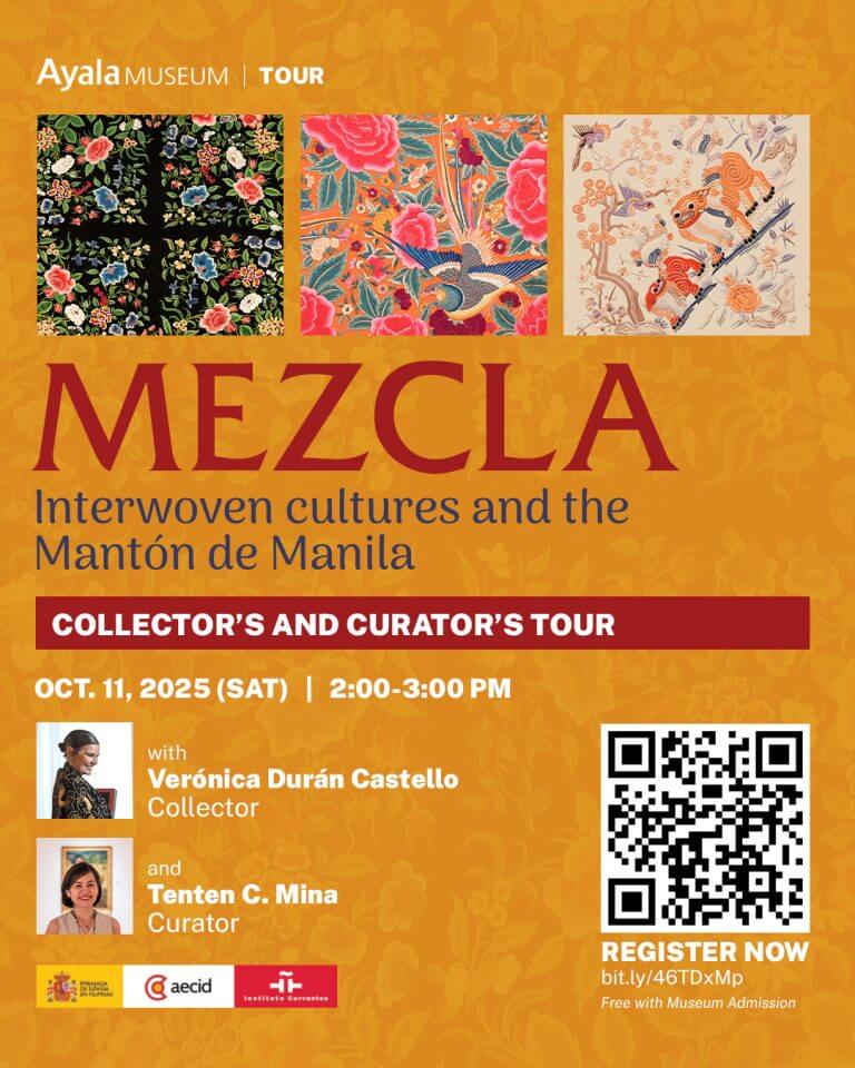 poster for mezcla art tour at ayala museum; features colorful textile patterns and event details.