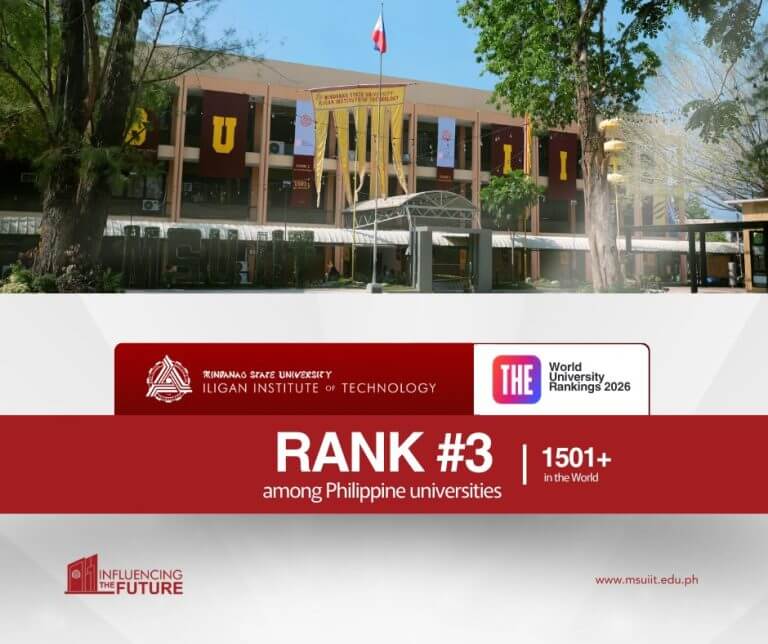 facade of msu iit campus with banners, labeled as philippines’ #3 university in 2026 the world rankings.